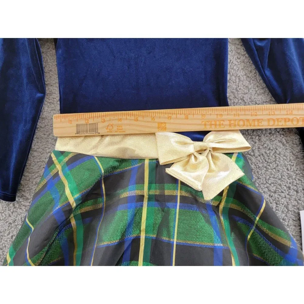 BONNIE JEAN Long Sleeved Velvet Bodice Dress Girl's 5 Navy/ Green w/ Bow - Picture 6 of 15